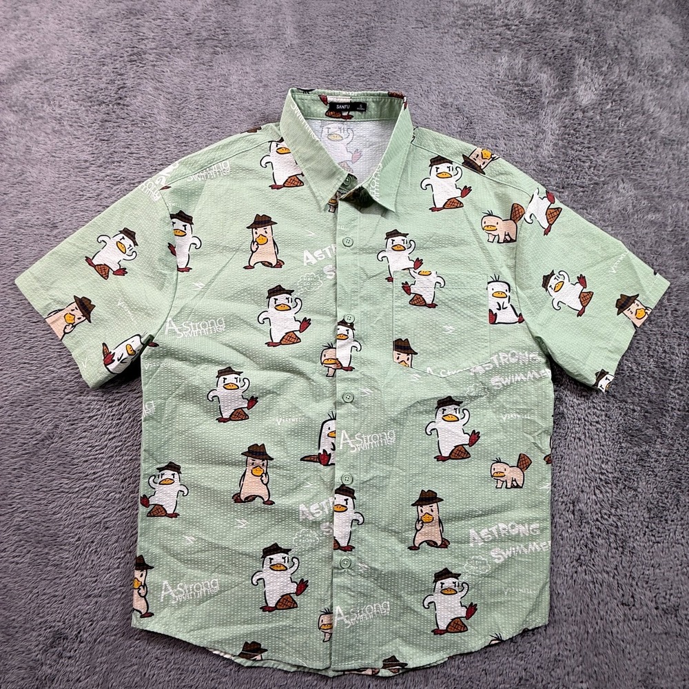 SANFU Men's S Green Otter Print Button Up Shirt Short Sleeve Cartoon Novelty
